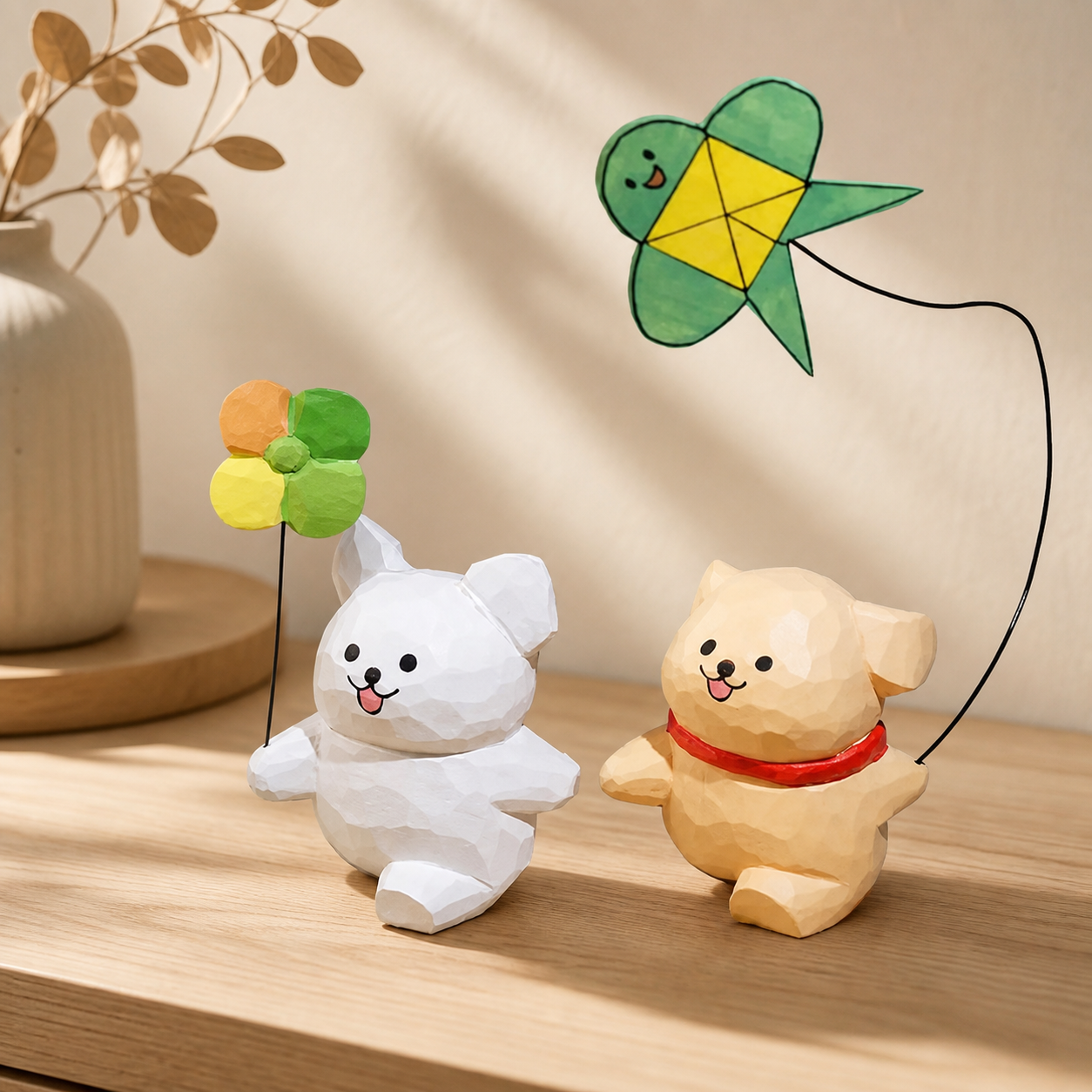 Line art puppy wooden figurine holding a pinwheel accessory on a desk