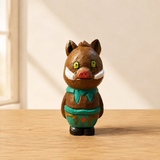Hand-finished wooden forest monster figures including little pig and gorilla