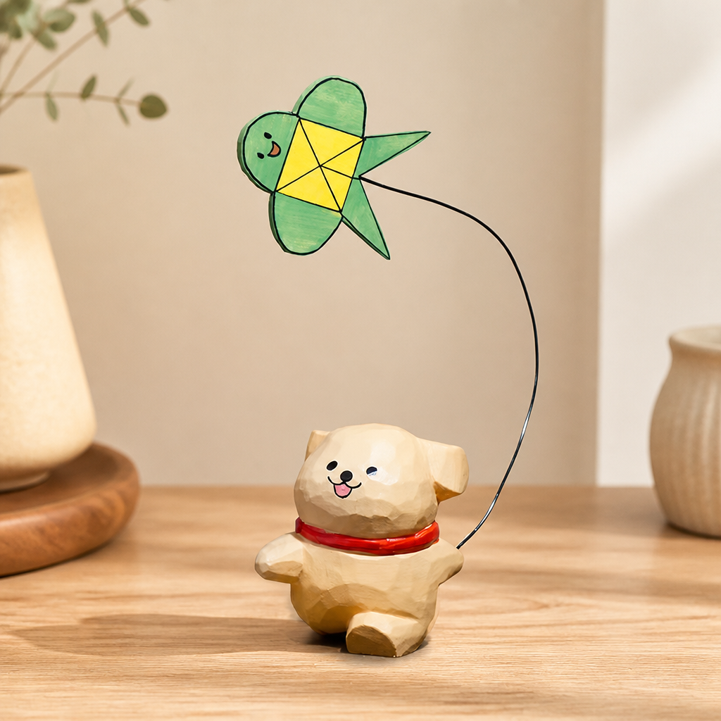 Line Art Puppy Kite & Pinwheel Wooden Figurines | Desk Decor — Golden Puppy with Kite — Western home decor product photo