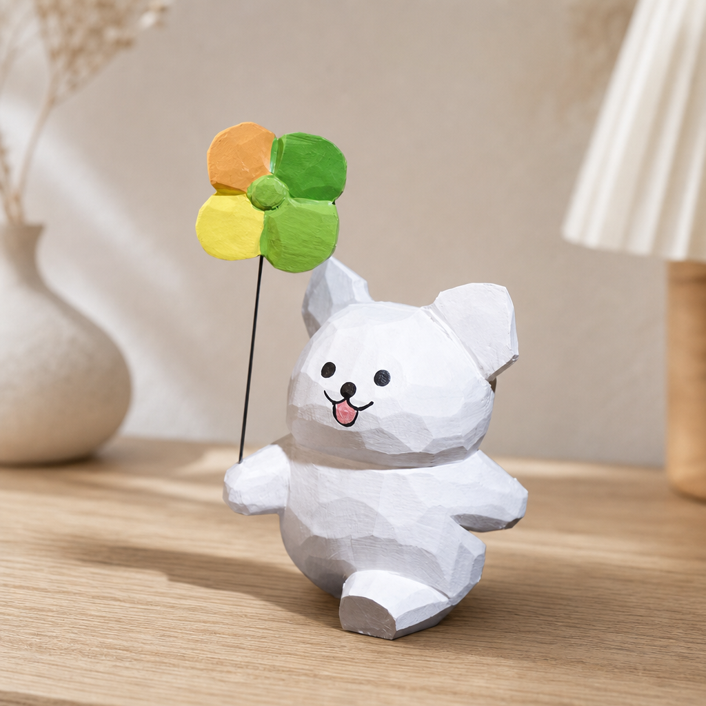 Line Art Puppy Kite & Pinwheel Wooden Figurines | Desk Decor — White Puppy with Pinwheel — Western home decor product photo