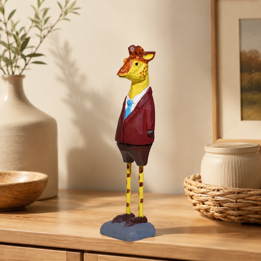 Whimsical long-leg animal wooden figurines sitting on a shelf as handmade-style desk decor.