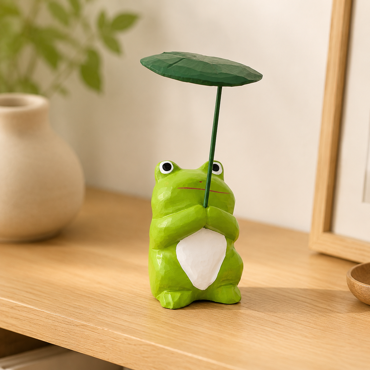 Wooden frog figurine holding a tall lotus leaf on a decorated tabletop