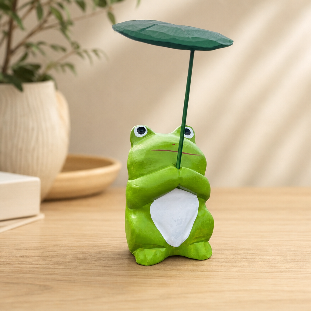 Lotus Leaf Frog Wooden Figurine | Handmade Desk Decor — Lotus Leaf Frog — Western home decor product photo