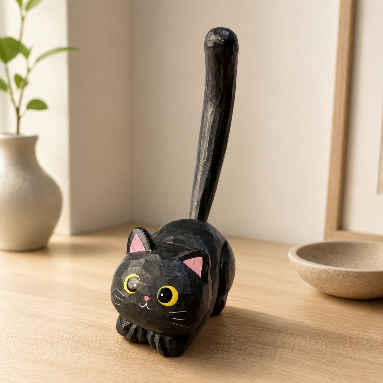 Lucky Cat Pen Holder | Handmade Wooden Desk Decor - AI lifestyle product photo