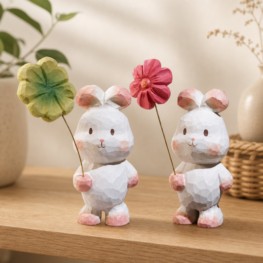 Lucky rabbit wooden figurine holding a bright flower as cozy desk decor.