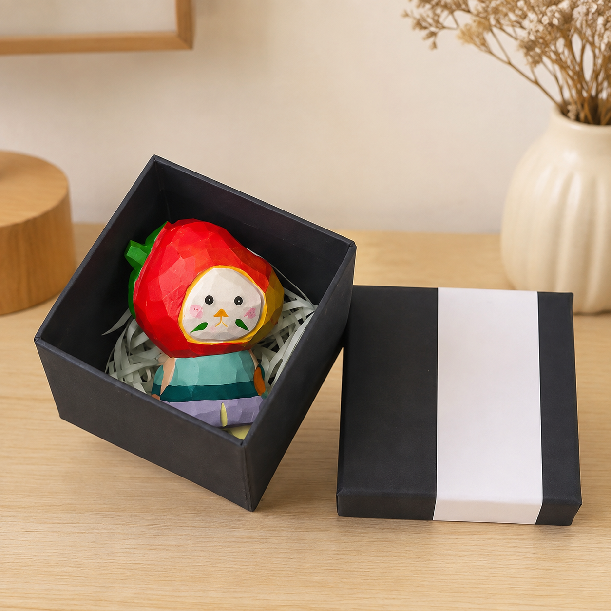 Wooden Fruit People Figurines | Handmade Desk Decor — Mango Person — Red & Yellow with Raffia & Black Gift Box — Western home decor product photo