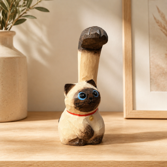 Playful hand-finished wooden lucky cat figurine with strong arm accent
