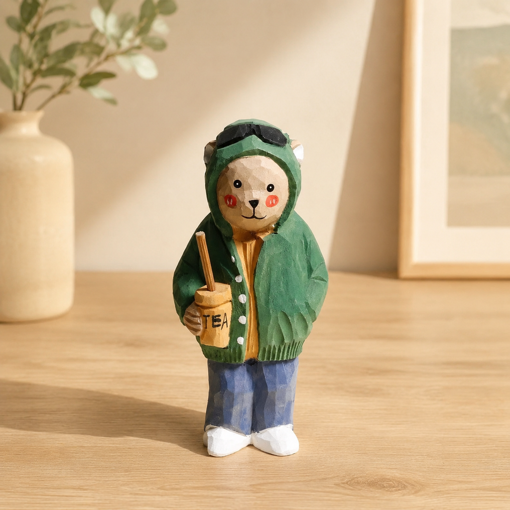 Milk Tea Bear Wooden Figurine | Handmade Desk Decor — Milk Tea Bear — Western home decor product photo