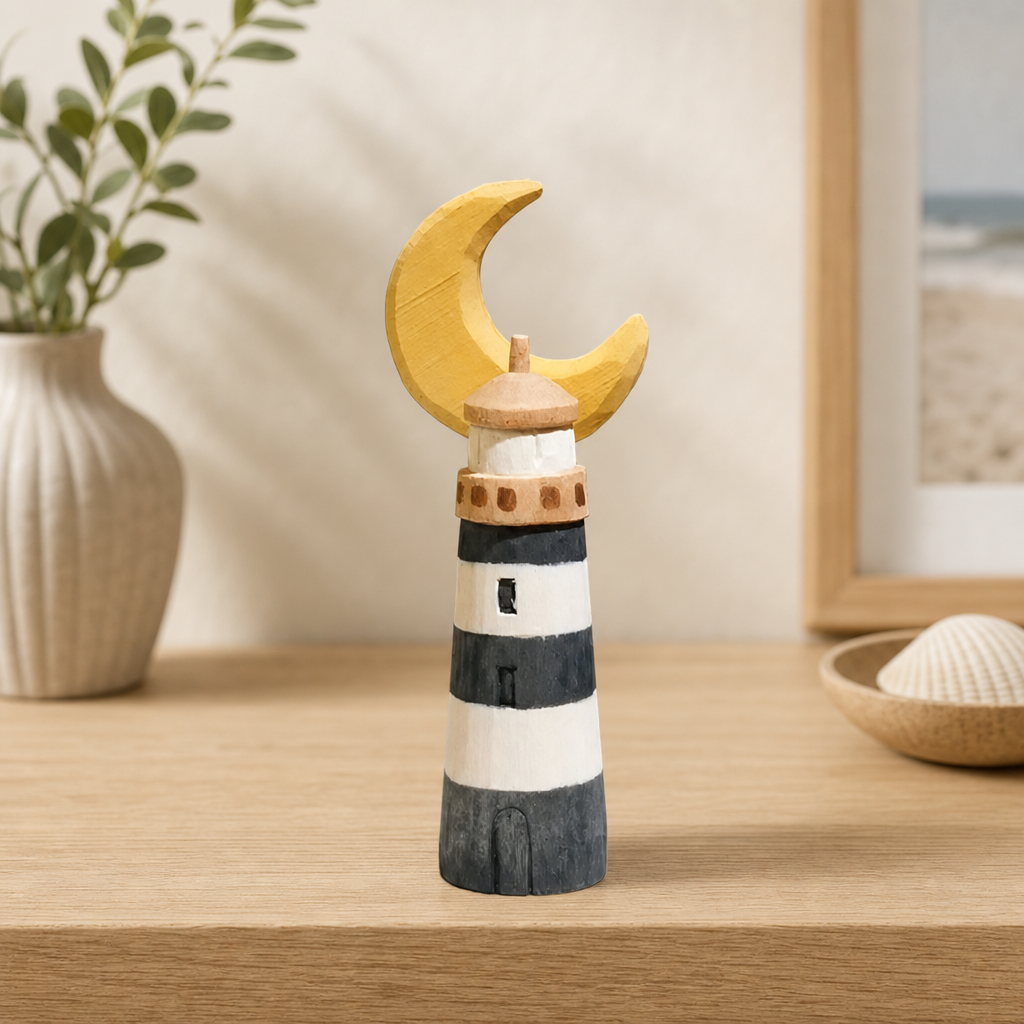 Hand-finished moon lighthouse wooden scene on a warm lifestyle tabletop display