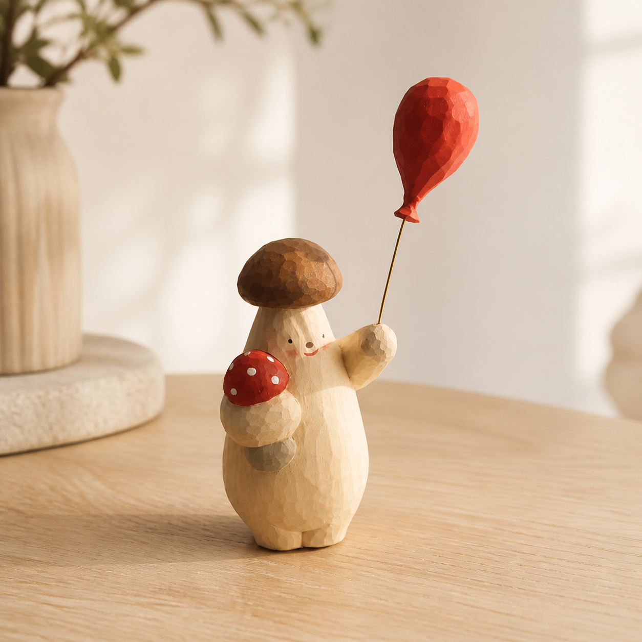 Mushroom Buddy Figurine | Handmade Wooden Desk Decor - AI lifestyle product photo