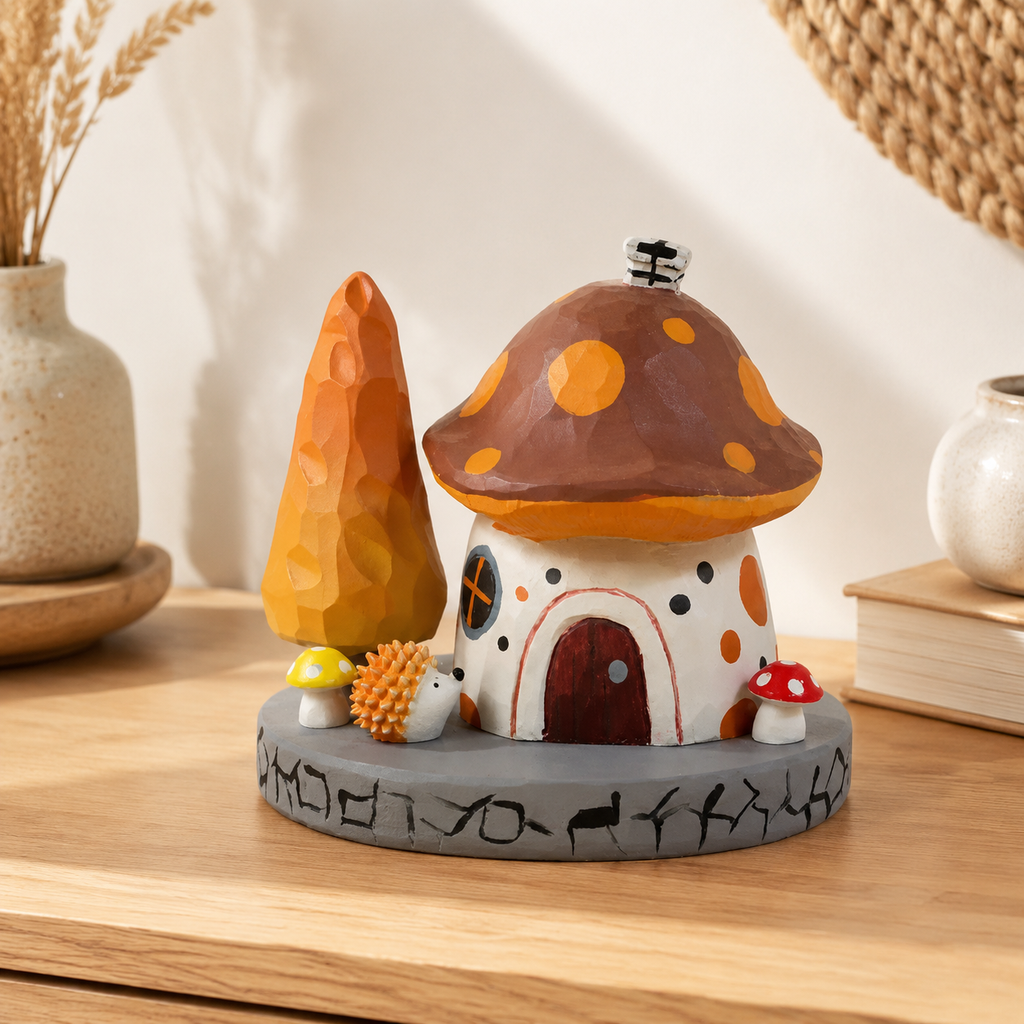Mushroom house wooden scene featuring mini wooden mushrooms on a desk.