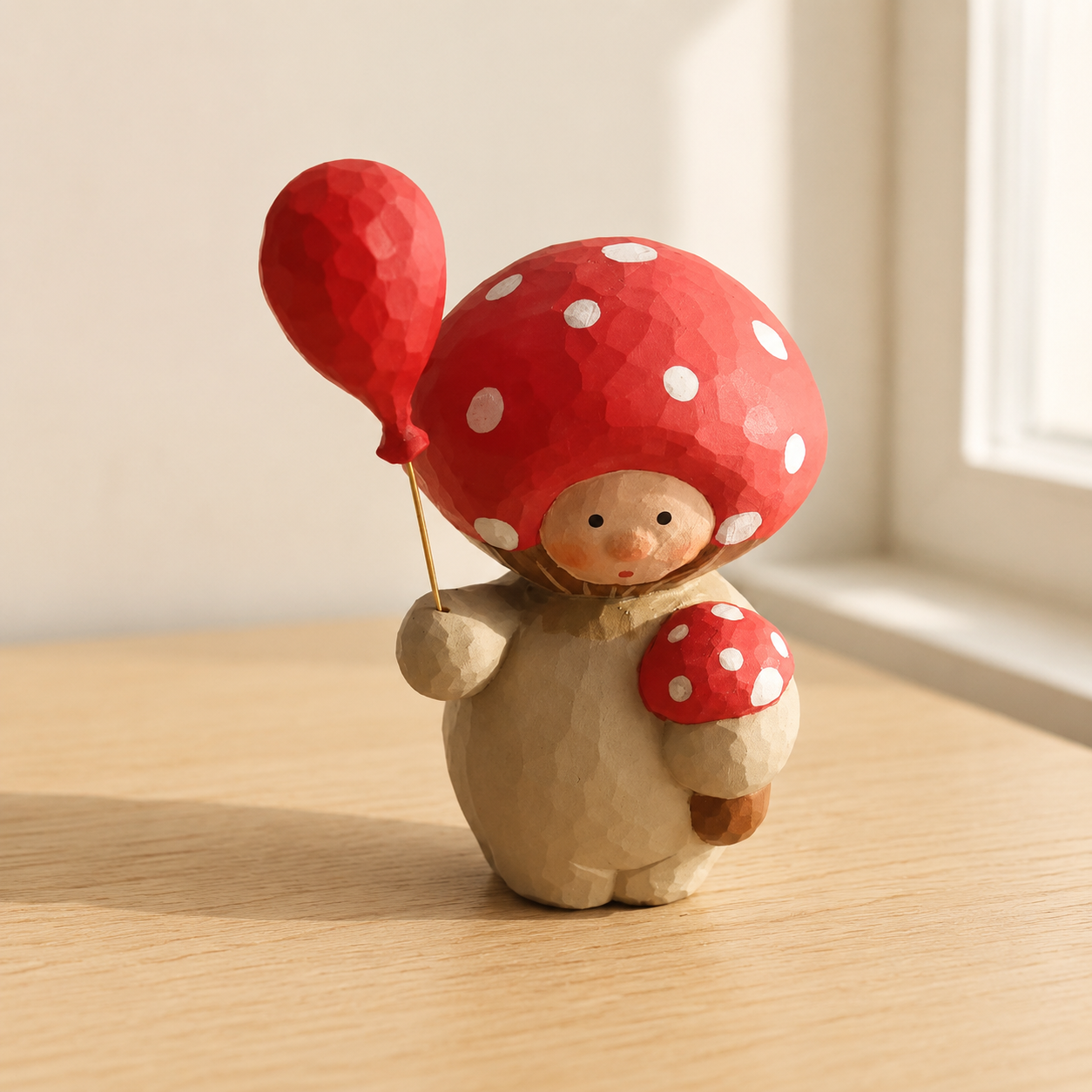 Wooden mushroom doll holding a balloon accent figurine on a bedside table