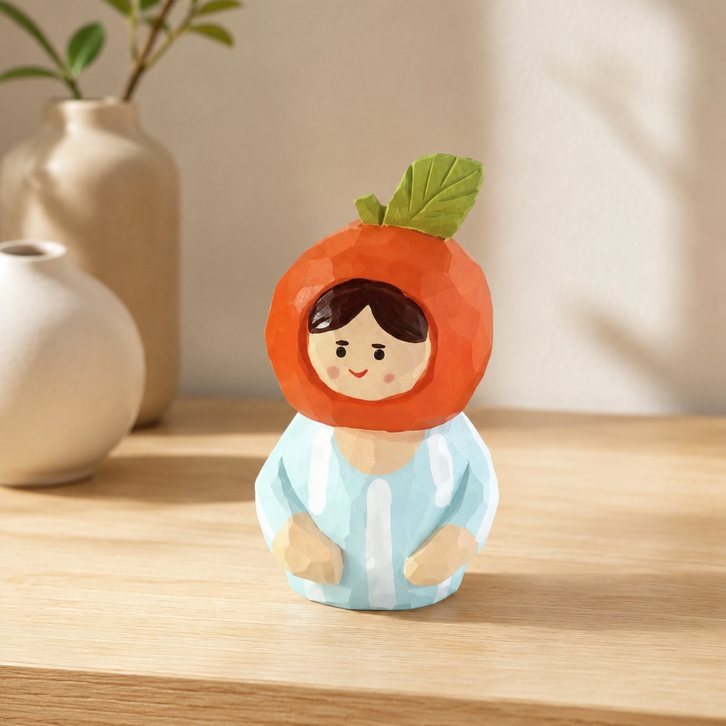 Group of wooden fruit people character figurines displayed on a modern shelf.