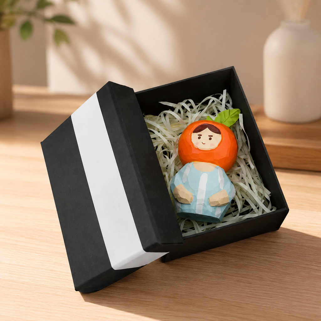 Wooden Fruit People Figurines | Handmade Desk Decor — Orange Person — Red with Raffia & Black Gift Box — Western home decor product photo