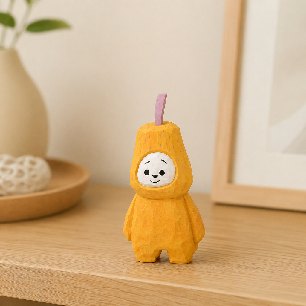 Adorable pear character wooden figurine standing as a desk accent.