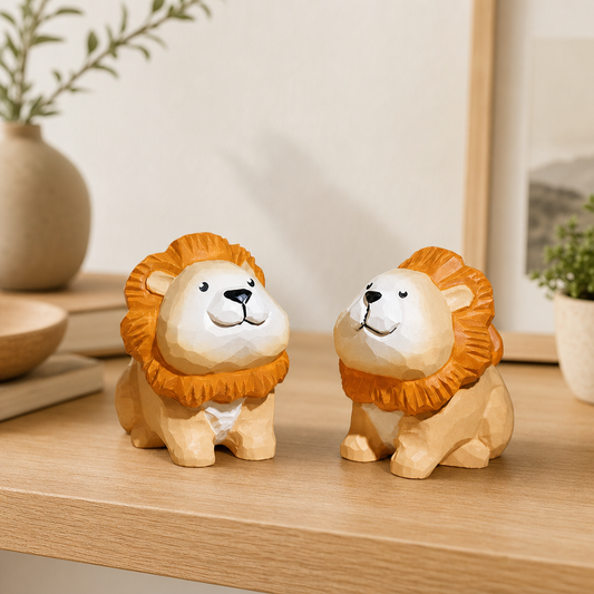 Faceted prairie lion wooden figurine with natural wood grain on display table