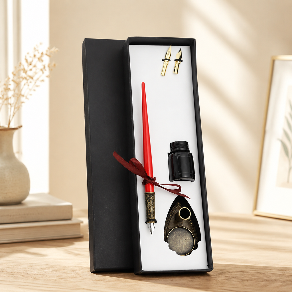 Vintage Calligraphy Dip Pen Gift Set | 3 Styles — Red Irving-Style Dip Pen Gift Set — Western home decor product photo