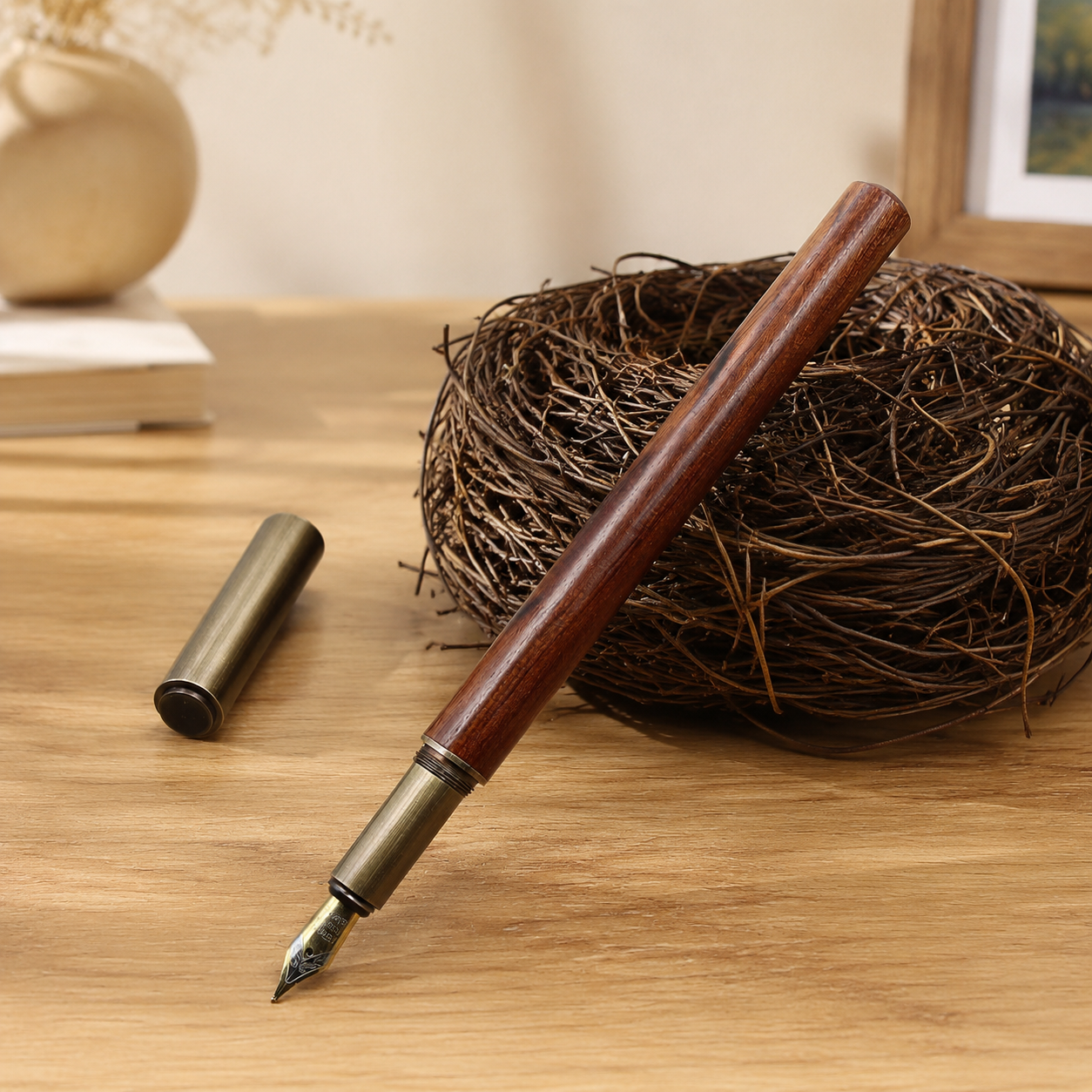 Brass & Wood Fountain Pen | Vintage Writing Pen — Rosewood Fountain Pen — Western home decor product photo