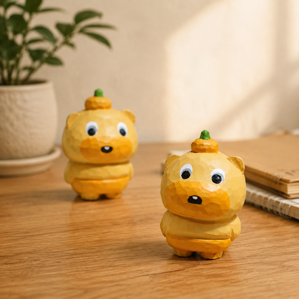 Calm capybara wooden figurine resting peacefully on a modern study desk