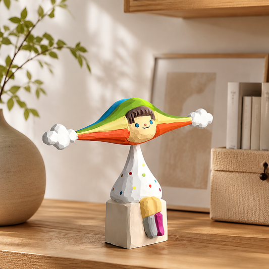 Colorful spring rainbow girl wooden figurine standing on a wooden display shelf