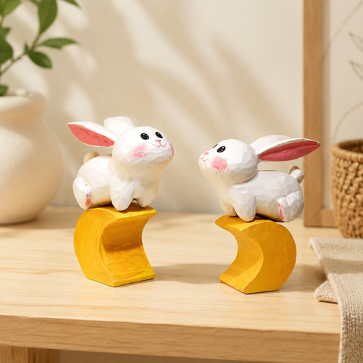 Wooden scene depicting bunnies climbing to the moon as desk display decor.