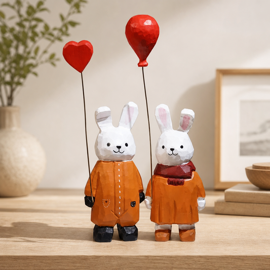 Handmade wooden bunny figurine holding a red heart balloon on a wooden desktop
