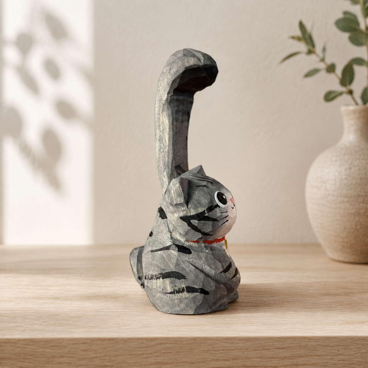 Tabby Lucky Cat Figurine | Handmade Wooden Desk Decor - AI lifestyle product photo