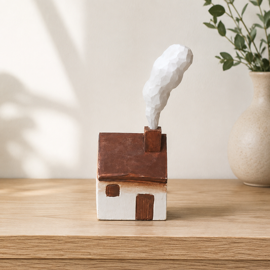 Handmade-style wooden windmill country house decor placed on a rustic shelf