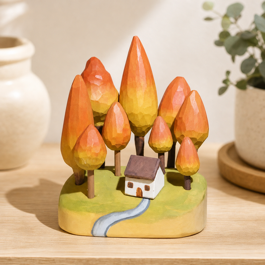 Hand-carved autumn forest cottage wooden scene with colorful trees on display