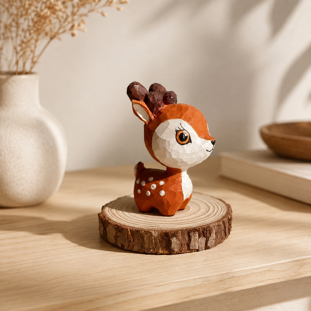 Wooden Deer Figurine | Handmade Desk Decor — Wooden Deer with Base — Western home decor product photo