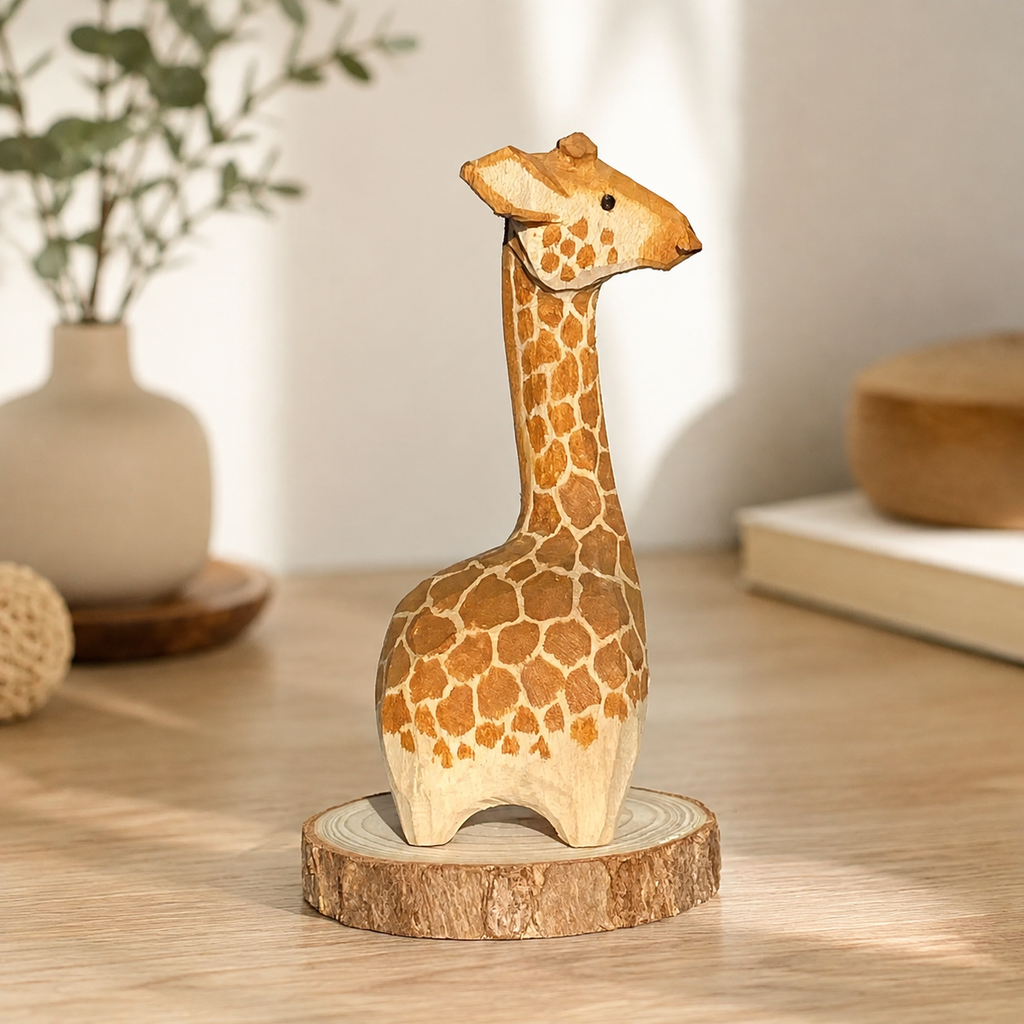 Wooden Giraffe Figurine | Handmade Desk Decor — Wooden Giraffe with Base — Western home decor product photo
