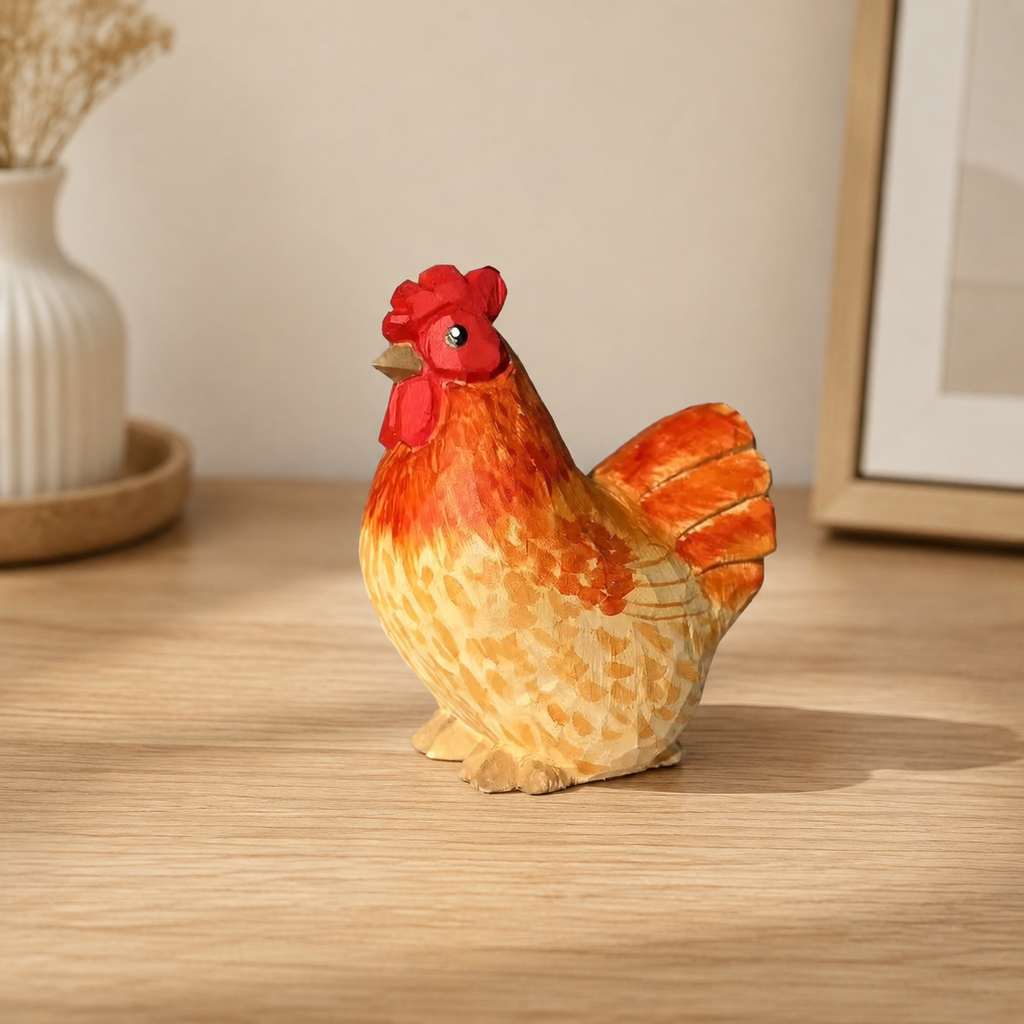 Wooden Rooster & Hen Figurines | Handmade Desk Decor — Wooden Hen — Western home decor product photo