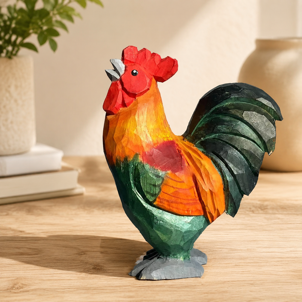 Wooden Rooster & Hen Figurines | Handmade Desk Decor — Wooden Rooster — Western home decor product photo